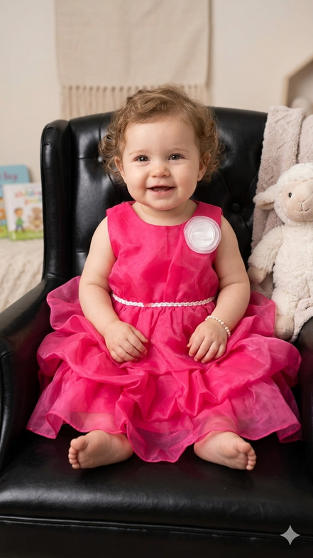 Child in a pink dress sitting on a black chair with a toy in the background