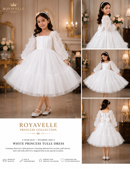 Collage of a young girl wearing a white princess tulle dress with Royavelle branding.