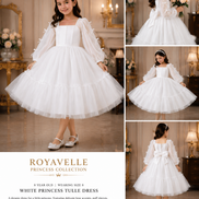 Collage of a young girl wearing a white princess tulle dress with Royavelle branding.