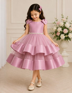 Young girl in a pink dress with a floral arrangement in the background