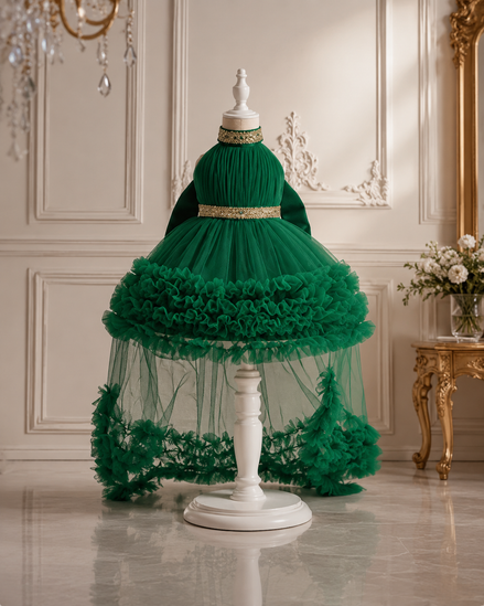 Bottle Green Halter-Neck Luxury Party Dress for Girls