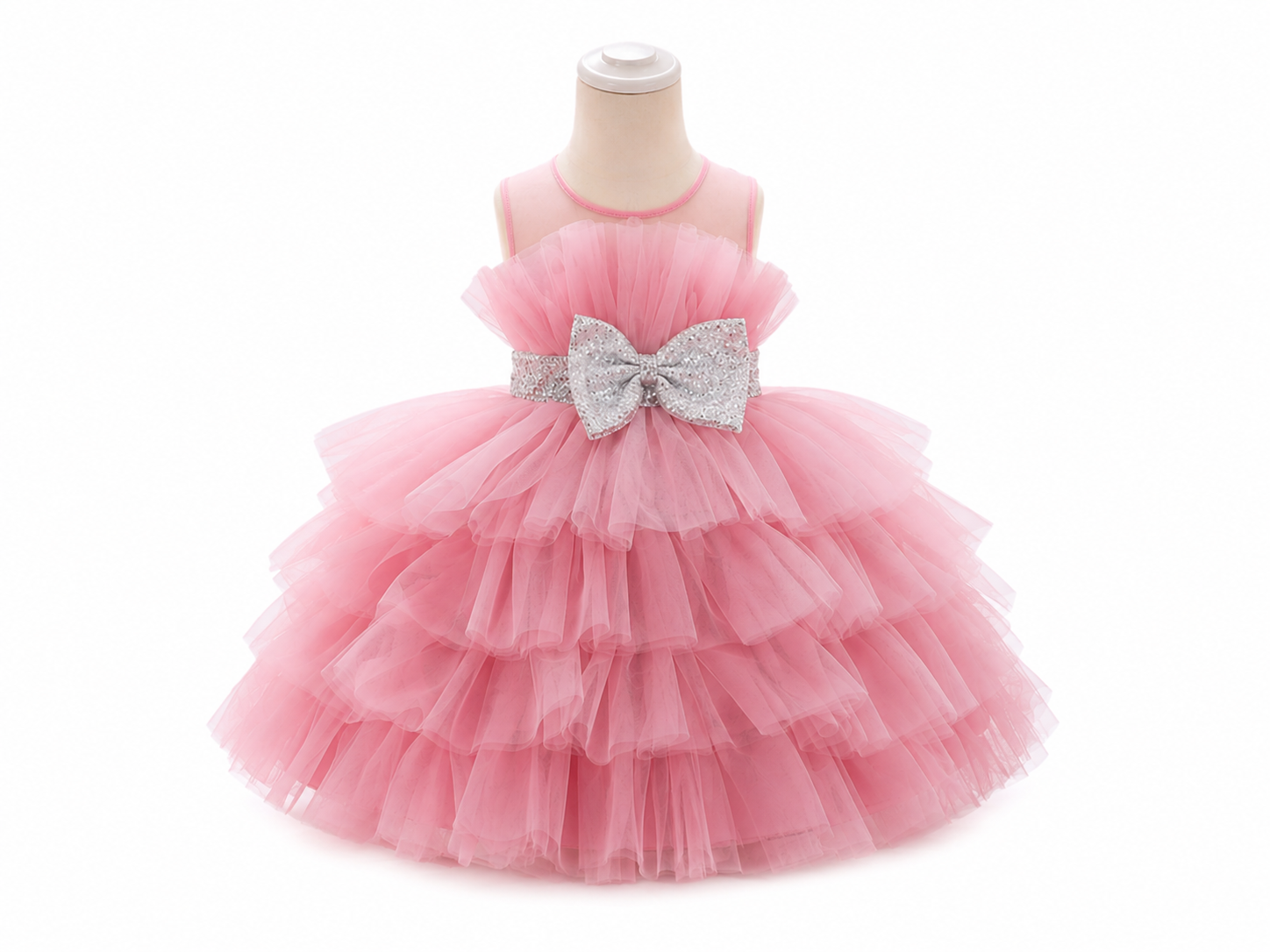 Pink Princess Tiered Tulle Party Dress with Sparkle Bow