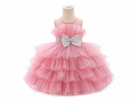 Pink Princess Tiered Tulle Party Dress with Sparkle Bow