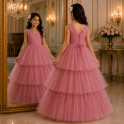 Young girl in a pink dress standing in front of a mirror in an elegant room.