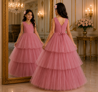 Young girl in a pink dress standing in front of a mirror in an elegant room.