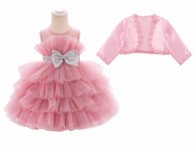 Pink Princess Tiered Tulle Party Dress & Bolero Jacket Set