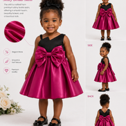 Young girl wearing a pink and black dress with a large bow, surrounded by product details.