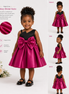 Young girl wearing a pink and black dress with a large bow, surrounded by product details.