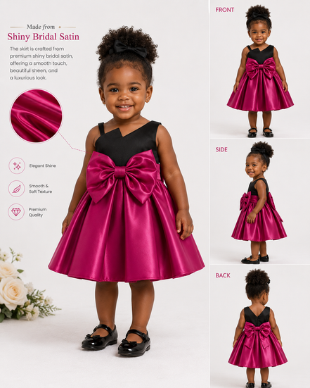 Young girl wearing a pink and black dress with a large bow, surrounded by product details.