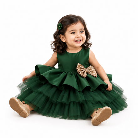 Emerald Green Luxury Layered Tulle Party Dress with Detachable Bow: 100cm, 110cm & 120cm
