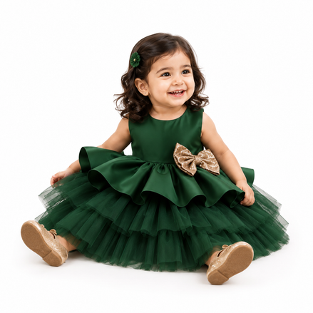 Emerald Green Luxury Layered Tulle Party Dress with Detachable Bow: 100cm, 110cm & 120cm