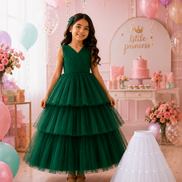 Young girl in a green dress with balloons and a 'little princess' sign in the background