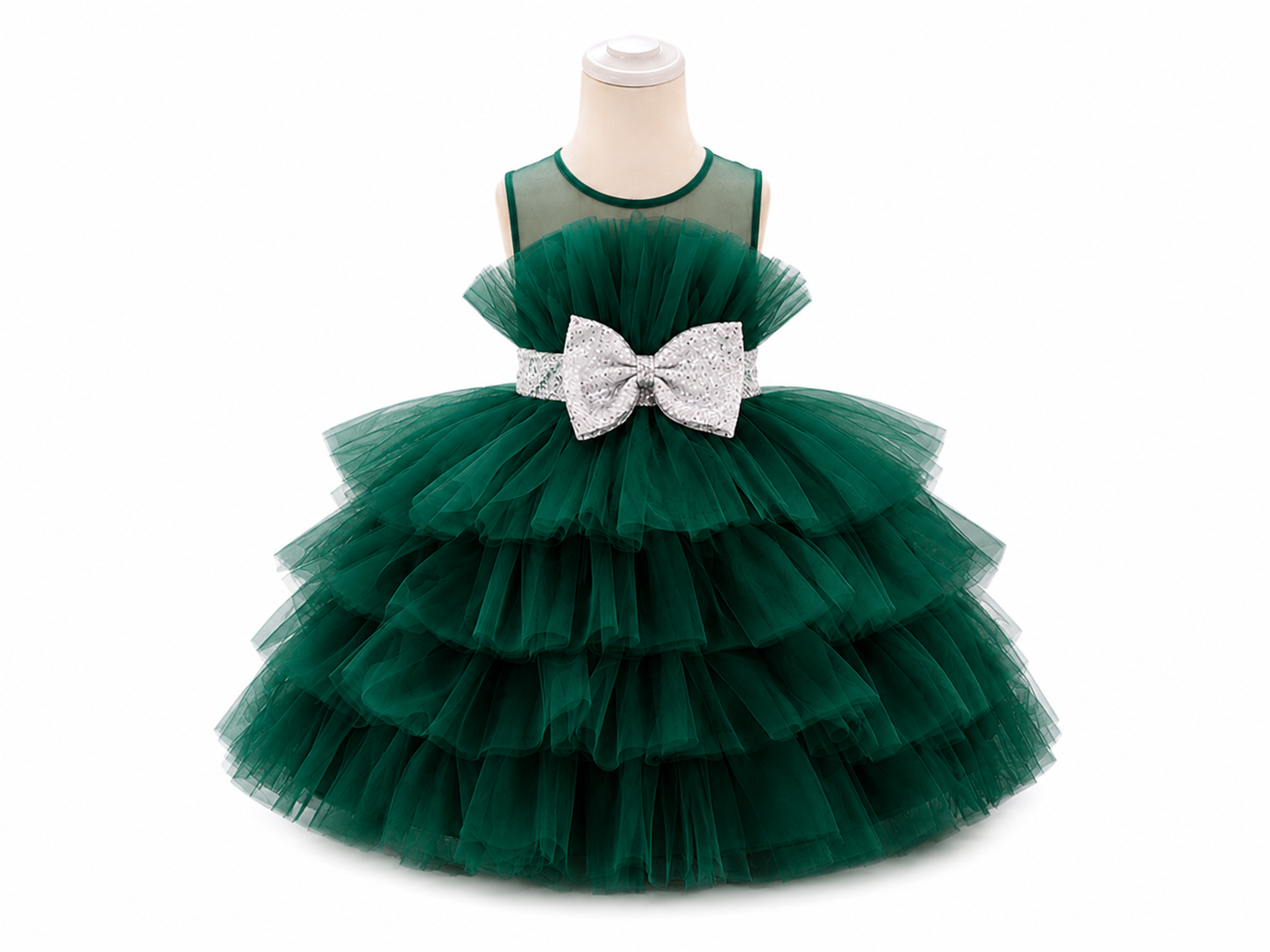 Emerald Green Princess Tiered Tulle Party Dress with Sparkle Bow (90-120cm)