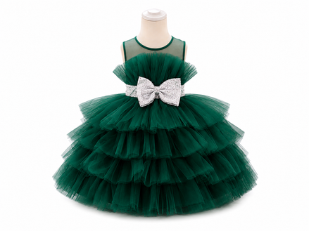 Emerald Green Princess Tiered Tulle Party Dress with Sparkle Bow (90-120cm)