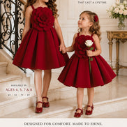 Two young girls in red dresses holding hands on a staircase with decorative elements.