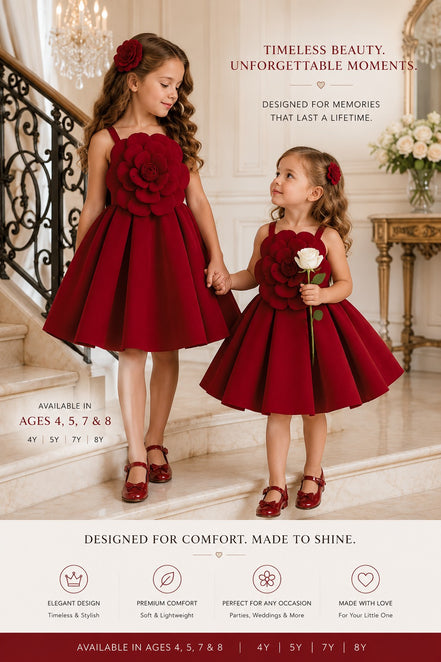 Two young girls in red dresses holding hands on a staircase with decorative elements.