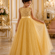 Golden Sequin Princess Dress for Girls – Glitter Tulle Party Gown with Detachable Bow & Petticoat (160cm))