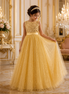 Golden Sequin Princess Dress for Girls – Glitter Tulle Party Gown with Detachable Bow & Petticoat (160cm))