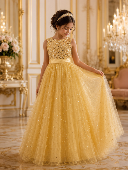 Golden Sequin Princess Dress for Girls – Glitter Tulle Party Gown with Detachable Bow & Petticoat (160cm))