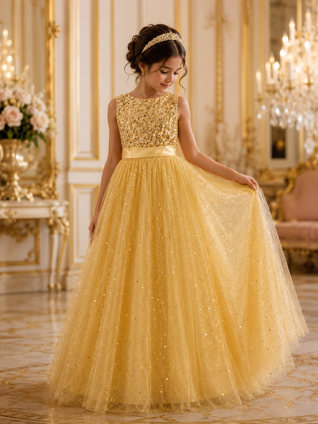 Golden Sequin Princess Dress for Girls – Glitter Tulle Party Gown with Detachable Bow & Petticoat (160cm))