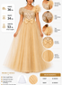 Beige evening gown with detailed specifications on a white background