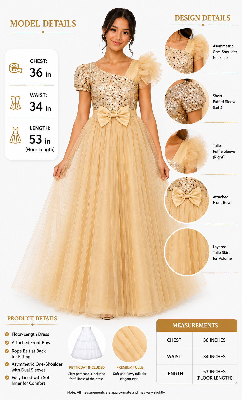 Beige evening gown with detailed specifications on a white background