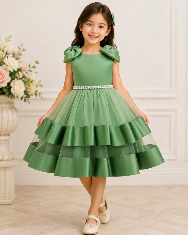 Young girl wearing a green dress with a floral arrangement in the background