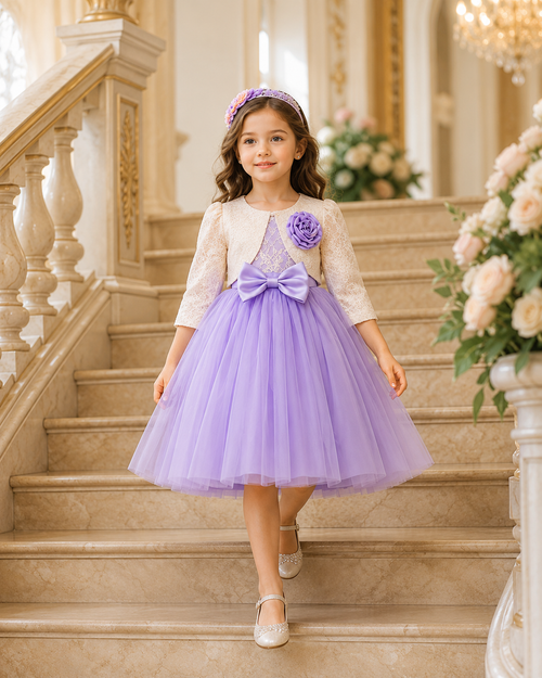 Young girl in a purple dress with a floral headband standing on a staircase.