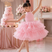 Young girl in a pink ballet dress posing next to a pink birthday cake in a decorated room.