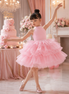 Young girl in a pink ballet dress posing next to a pink birthday cake in a decorated room.