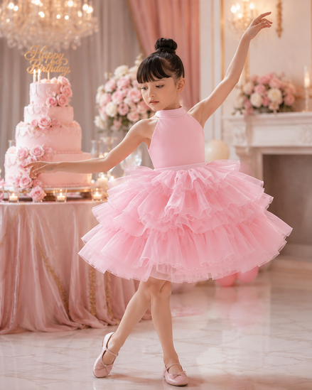 Young girl in a pink ballet dress posing next to a pink birthday cake in a decorated room.