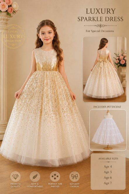Luxury Gold Sparkle Princess Dress with Petticoat | Girls Party & Birthday Dress (Ages 4-7)
