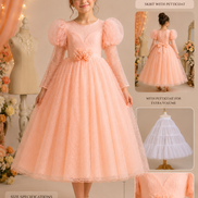 Young girl wearing a peach-colored dress with puffed sleeves and floral details, standing in front of a decorative background.