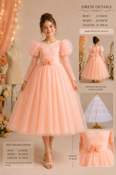 Young girl wearing a peach-colored dress with puffed sleeves and floral details, standing in front of a decorative background.