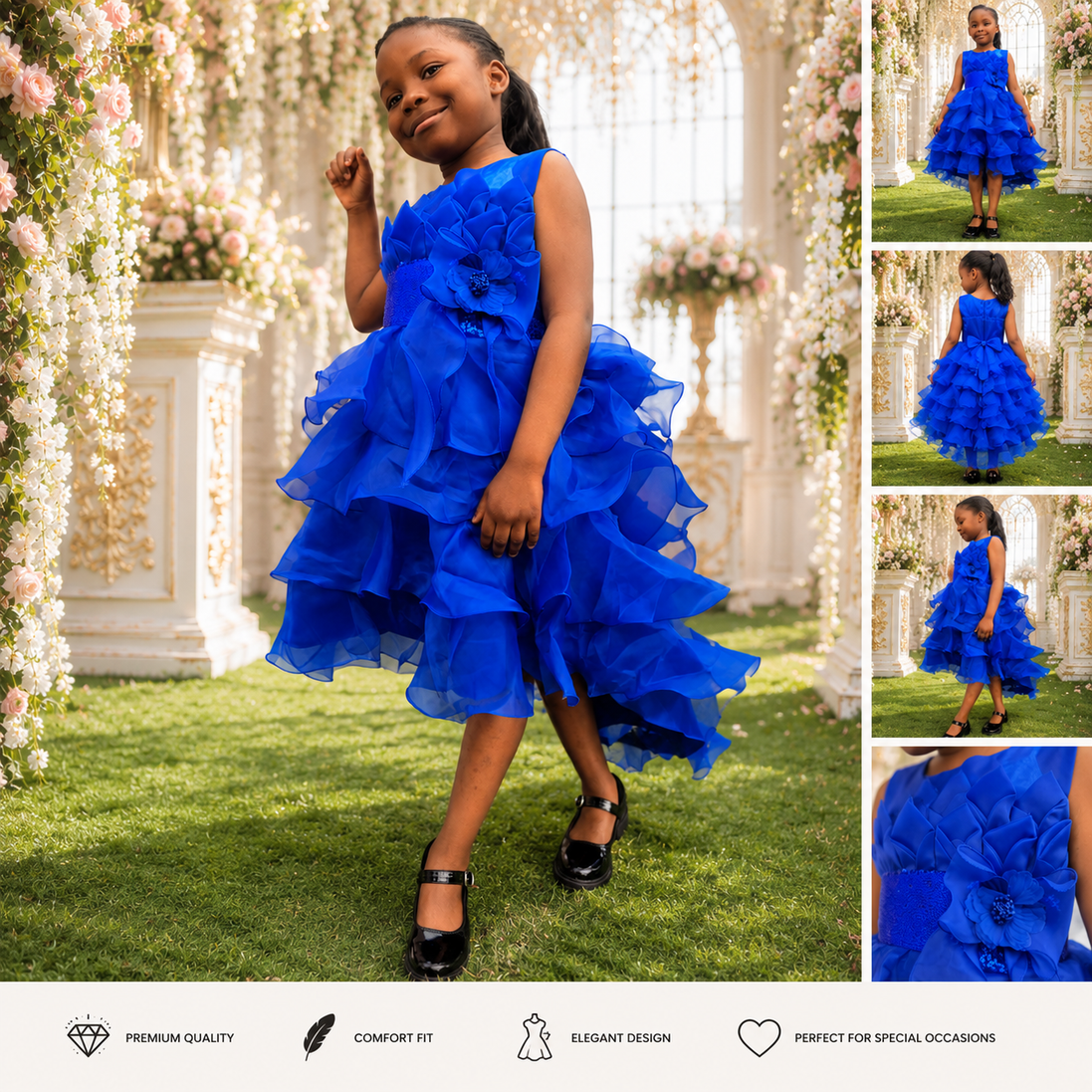 Young girl in a blue dress standing outdoors with floral decorations.