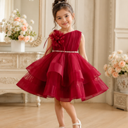 Royavelle wine red organza princess party dress worn by a girl in an elegant setting 