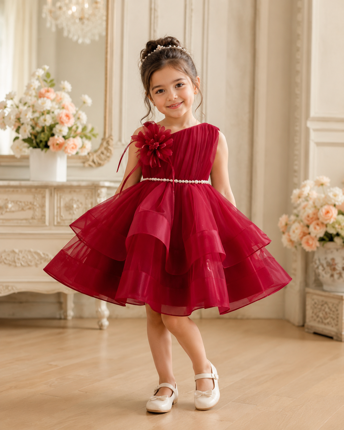 Royavelle wine red organza princess party dress worn by a girl in an elegant setting 