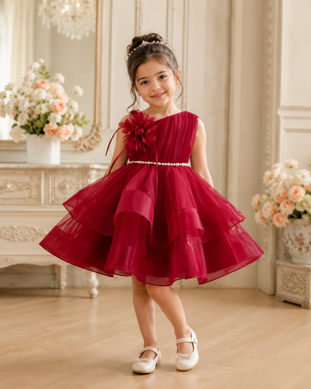 Royavelle wine red organza princess party dress worn by a girl in an elegant setting 