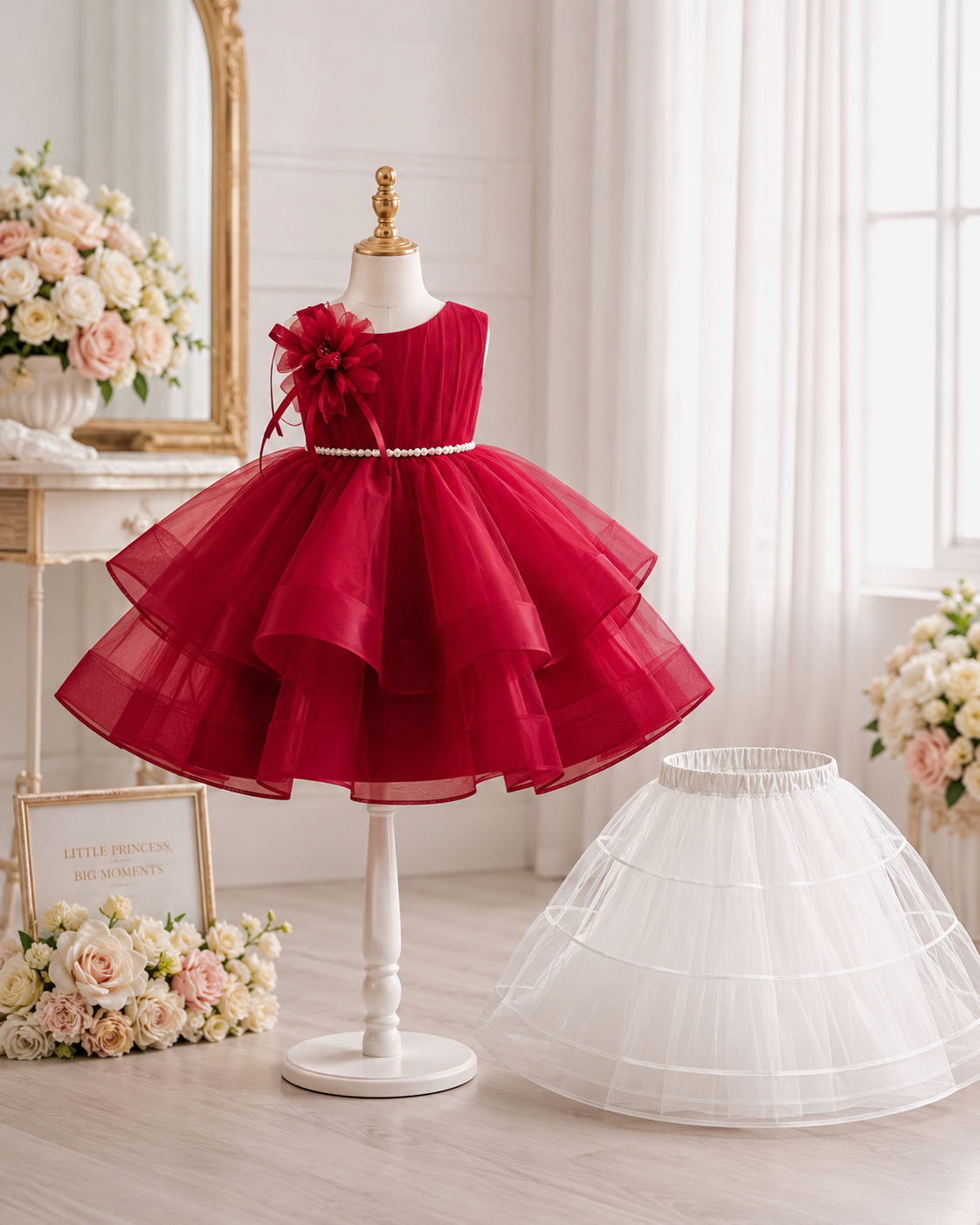 Royavelle wine red organza princess party dress  in an elegant setting withwhite petticot
