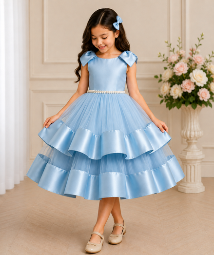 Young girl wearing a light blue dress with ruffled layers in a decorated room.