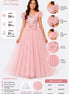 Pink formal gown with design details and measurements on a white background