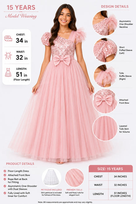 Pink formal gown with design details and measurements on a white background