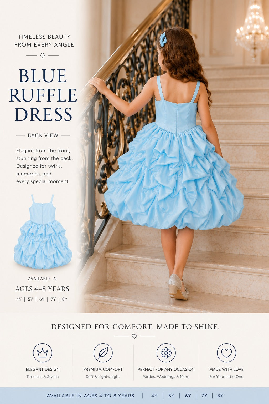Royavelle Luxury Blue Ruffle Princess Dress (100cm, 110cm, 120cm, 130 & 140cm)