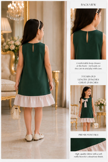 Royavelle Kids Bottle Green Pearl Bow Dress: 100cm & 110cm