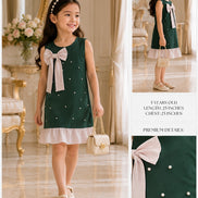 Royavelle Kids Bottle Green Pearl Bow Dress: 100cm & 110cm