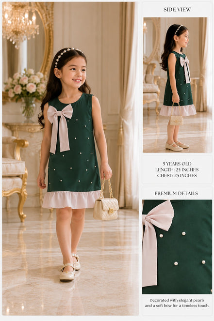 Royavelle Kids Bottle Green Pearl Bow Dress: 100cm & 110cm