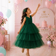 Emerald Green Princess Tulle Dress for Girls – 3 Layer Ankle-Length Party Gown with Petticoat Included  (160-170cm)