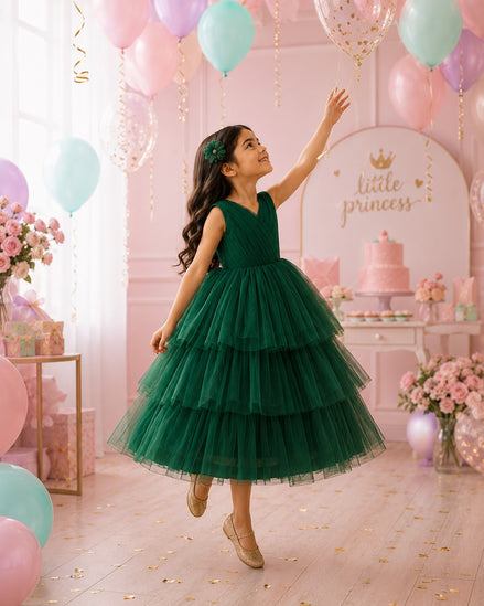 Emerald Green Princess Tulle Dress for Girls – 3 Layer Ankle-Length Party Gown with Petticoat Included  (160-170cm)