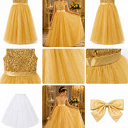 Golden Sequin Princess Dress for Girls – Glitter Tulle Party Gown with Detachable Bow & Petticoat (160cm))