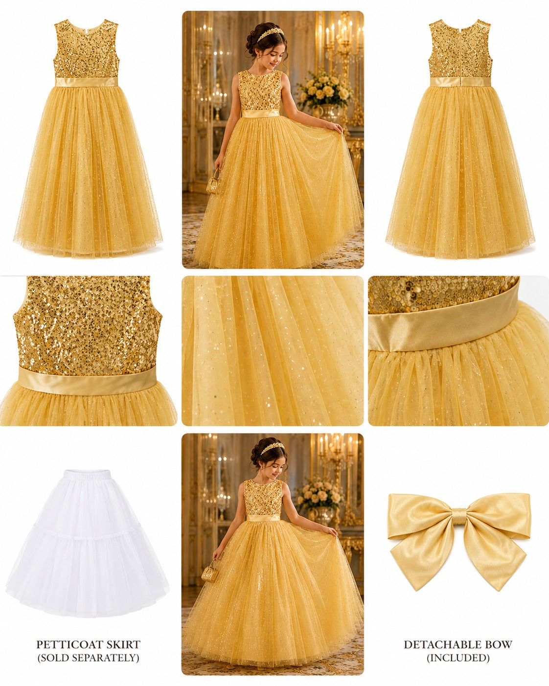 Golden Sequin Princess Dress for Girls – Glitter Tulle Party Gown with Detachable Bow & Petticoat (160cm))